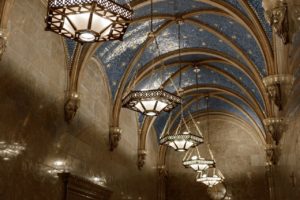 Picture of blue arched ceiling and hanging light fixtures